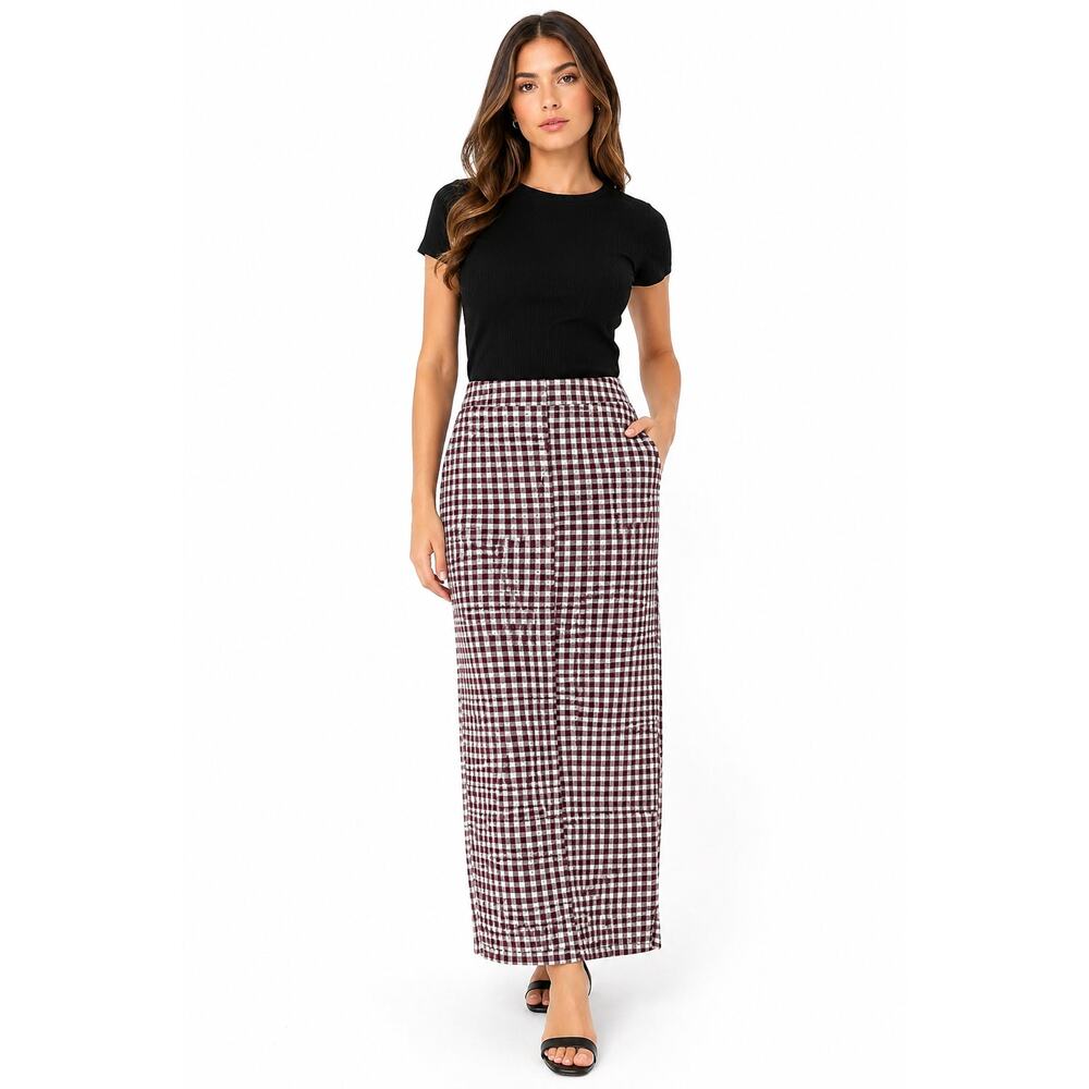 Vintage 70s Pan-Hoi Women's Large Plaid Double Knit Polyester Maxi Skirt USA 36W